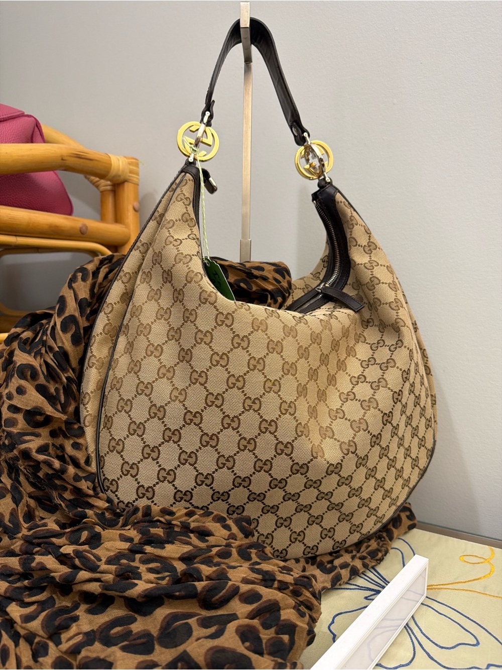 Gucci Large Hobo Bag , Beige Canvas, Double G hardware, includes Dust Bag